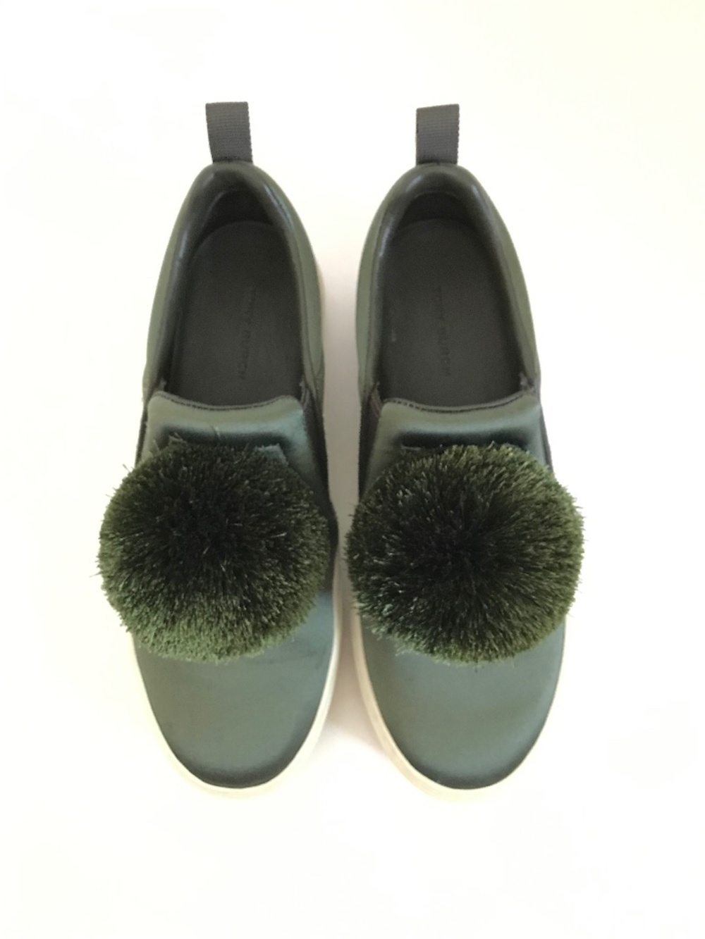 TORY BURCH Pom Pom Platform Sneakers Satin Luxe Daphne Green Women’s Size 6